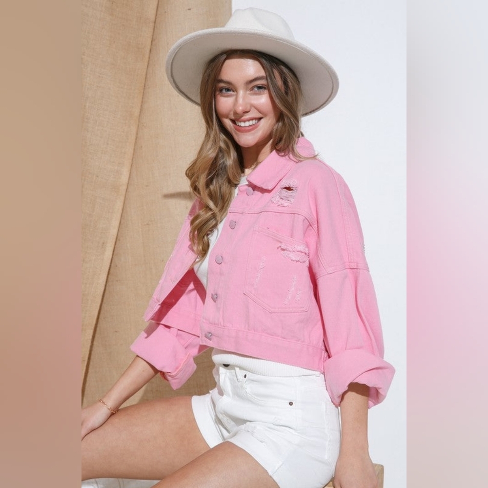 Womens Ripped Rhinestone Fringe Crop Denim Jacket - Picture 4 of 7
